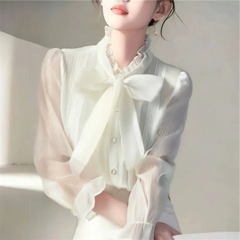 Camicie da donna in Chiffon estate 2023 camicette a maniche lunghe solide Y2k allentate con fiocco coreano nuovo Casual Blusa