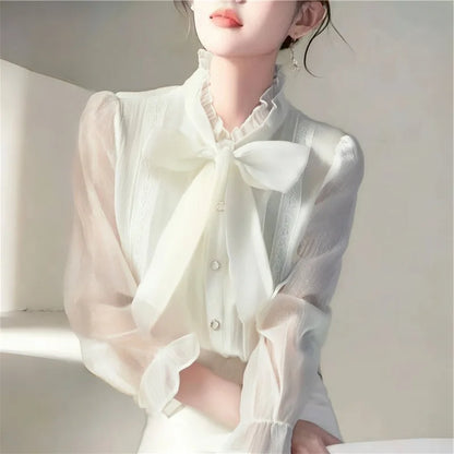Camicie da donna in Chiffon estate 2023 camicette a maniche lunghe solide Y2k allentate con fiocco coreano nuovo Casual Blusa