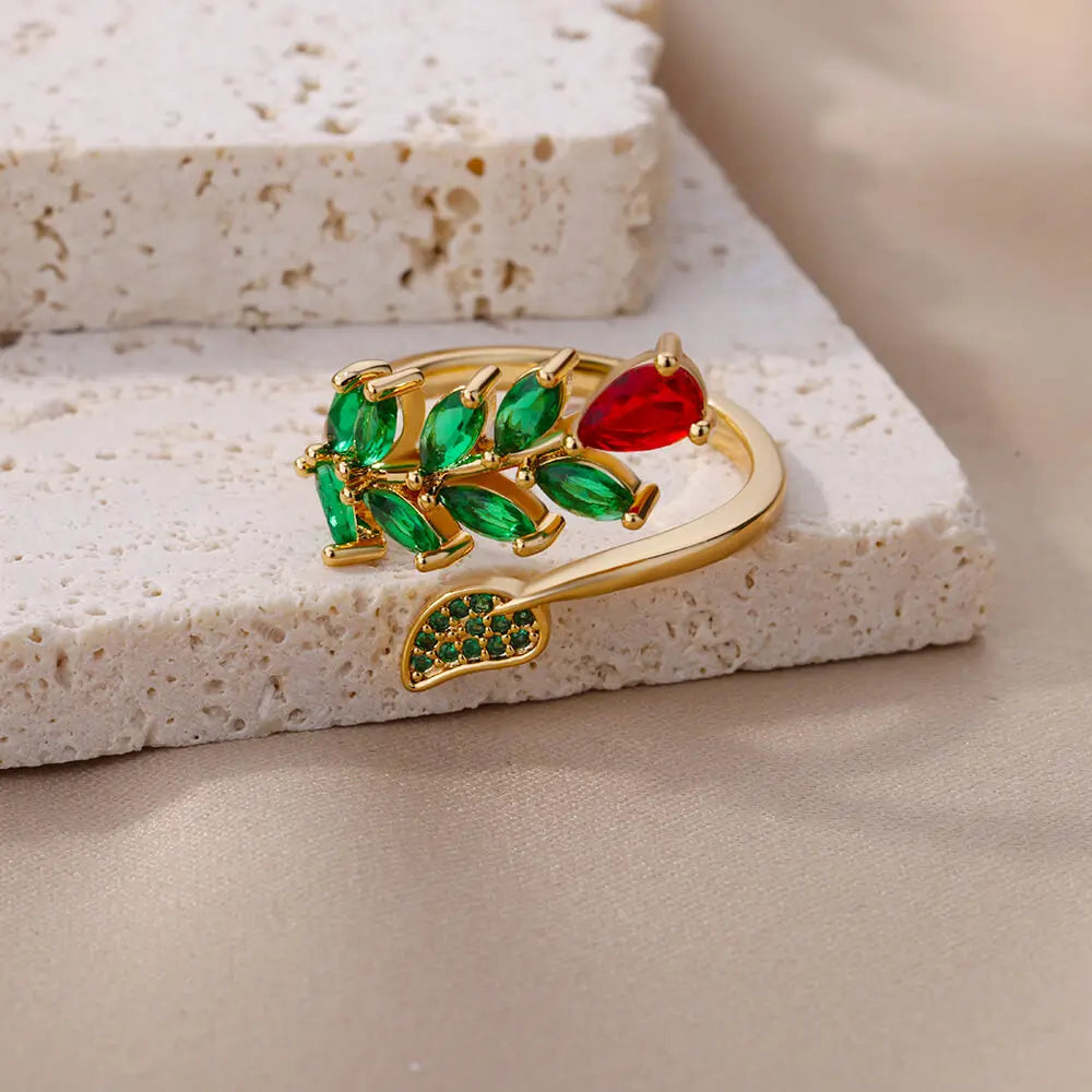 Anelli a foglia a doppio strato con zirconi di lusso per le donne Anello in acciaio inossidabile color oro Boho Coppia gioielli Accessori anelli mujer