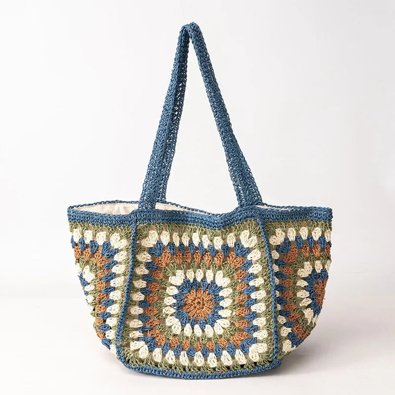 Borsa estiva intrecciata a mano Borsa con motivo abbinato ai colori Fodera in tela Tote di grande capacità Borsa da spiaggia per vacanze al mare Borsa da donna