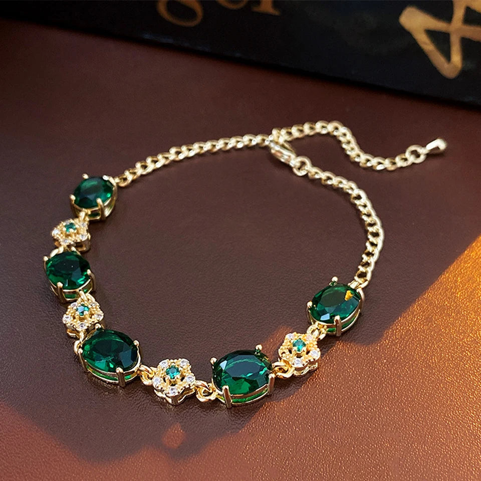ZAKOL Bracciale di lusso con zirconi di cristallo verde Braccialetti con catena a maglie color oro per le donne Regalo di gioielli da sposa vintage per feste