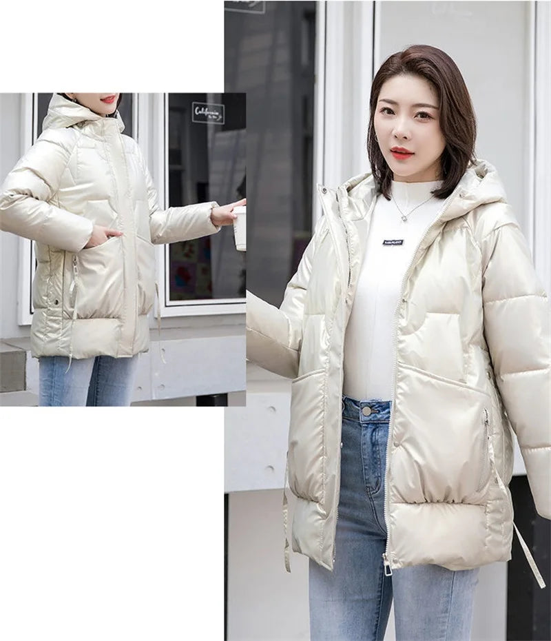 Nuova Giacca Invernale 2026 per Donna, Parka Lucido Imbottito in Cotone, Giacca Femminile Tinta Unita, Cappotto Caldo con Cappuccio
