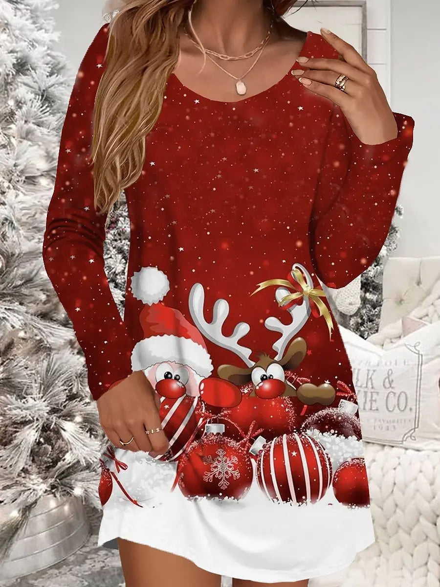 Abito natalizio rosso da donna Casual Natale Pupazzo di neve Fiocco di neve Stampa Mini abito Manica lunga O-Collo Abito da donna autunnale