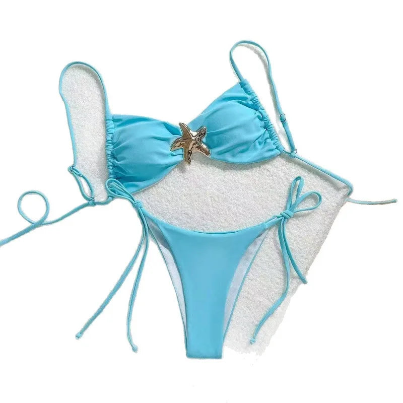 Costume da bagno bikini sexy a tinta unita, due pezzi, ad asciugatura rapida, senza schienale, in tessuto di nylon ad alta elasticità per nuoto e attività acquatiche.