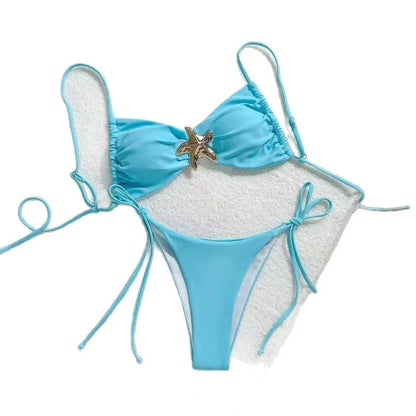Costume da bagno bikini sexy a tinta unita, due pezzi, ad asciugatura rapida, senza schienale, in tessuto di nylon ad alta elasticità per nuoto e attività acquatiche.