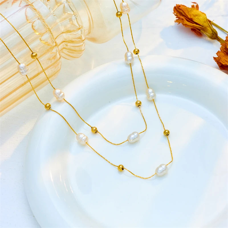 DIEYURO 316L Acciaio Inossidabile Doppio Strato di Perle 2in1 Catene Collana Per Le Donne di Nuovo Modo Delle Ragazze Girocollo Impermeabile Gioielli Regali