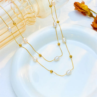 DIEYURO 316L Acciaio Inossidabile Doppio Strato di Perle 2in1 Catene Collana Per Le Donne di Nuovo Modo Delle Ragazze Girocollo Impermeabile Gioielli Regali