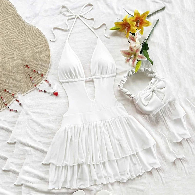 Sommer Sexy Rückenfreies Kleid Damen Mode Neckholder Schnürung A-Linie Rüschen Kleider Damen Tiefer V-Ausschnitt Urlaub Strandkleid
