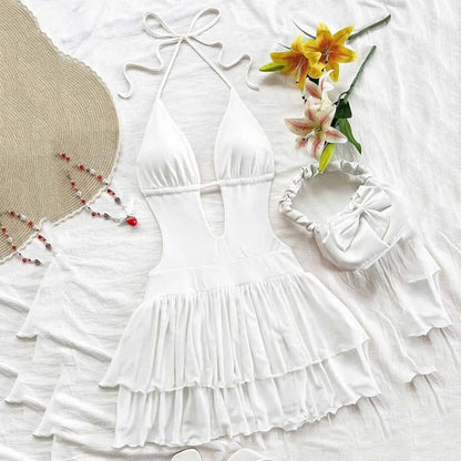 Sommer Sexy Rückenfreies Kleid Damen Mode Neckholder Schnürung A-Linie Rüschen Kleider Damen Tiefer V-Ausschnitt Urlaub Strandkleid