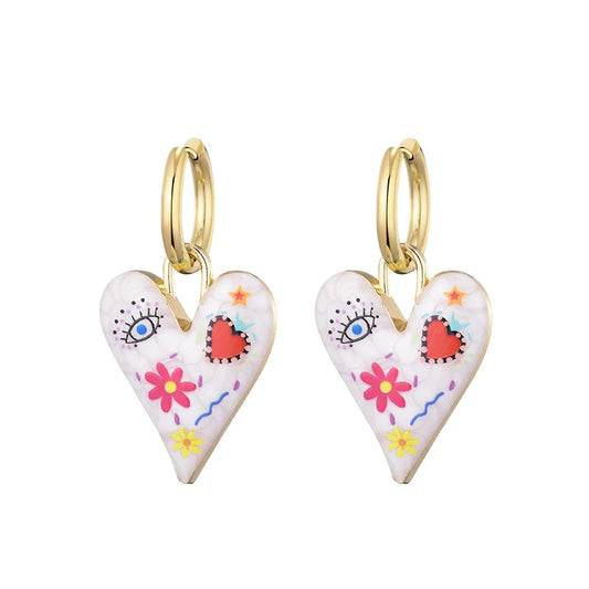 Nuovi orecchini a cerchio in acciaio inossidabile con occhio di cuore carino alla moda per le donne Gioielli femminili di amore con pendente color oro smaltato vintage colorato