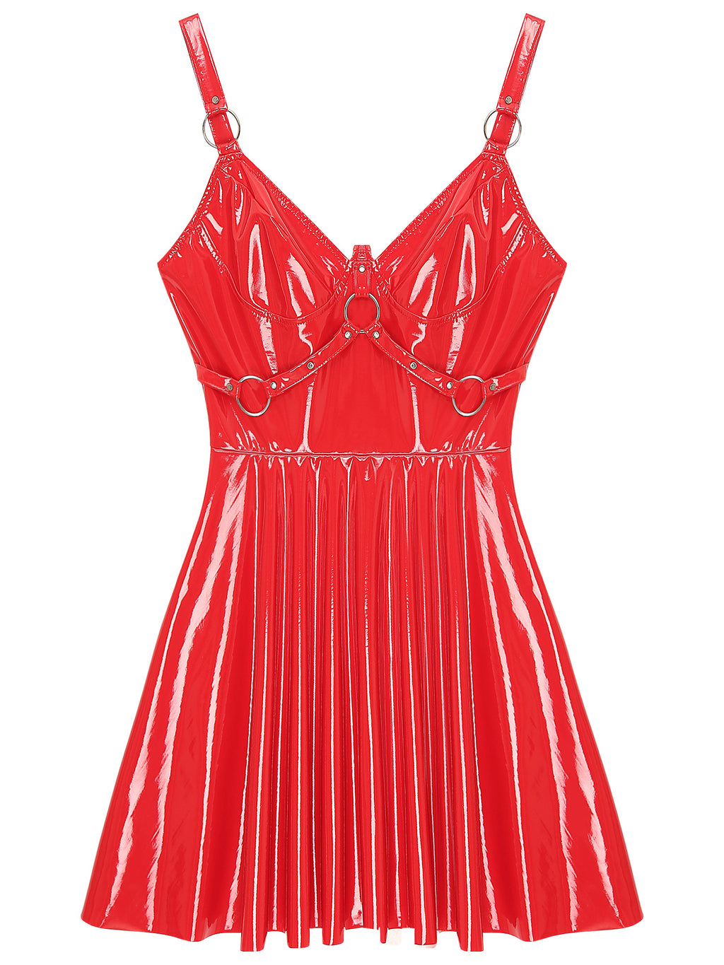Abito sottoveste in pelle verniciata Sexy effetto bagnato da donna O-Ring rivetti con spalline scollo a V Punk gotico a-line Mini abiti Rave Party Clubwear