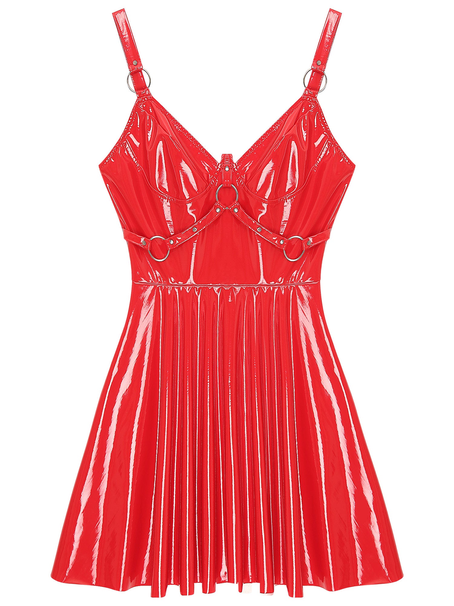 Abito sottoveste in pelle verniciata Sexy effetto bagnato da donna O-Ring rivetti con spalline scollo a V Punk gotico a-line Mini abiti Rave Party Clubwear