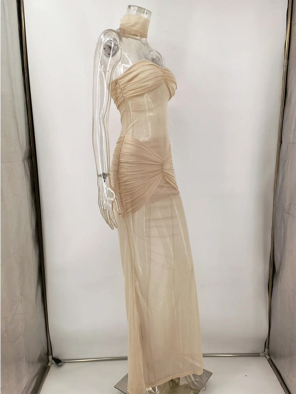Abito Estivo Sexy Trasparente in Tulle con Paillettes, Elegante Abito da Sera Lungo Senza Schiena per Feste di Compleanno e Cerimonie
