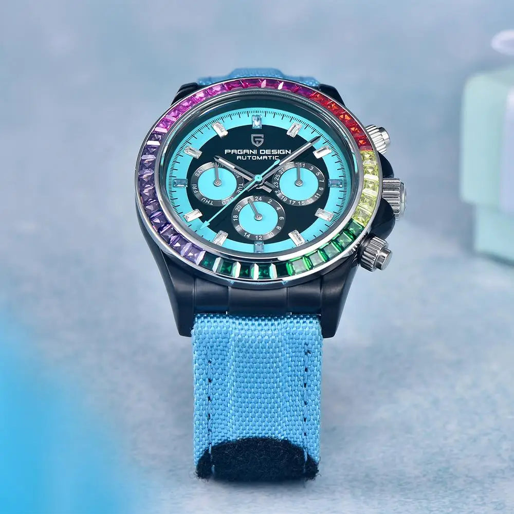 PAGANI DESIGN Orologio meccanico da uomo di lusso 40mm Orologio con cronometraggio multifunzionale Lunetta arcobaleno Vetro zaffiro Orologi da uomo PD1732