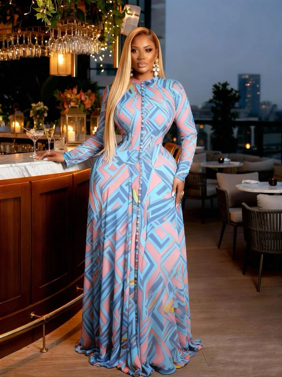 CM.YAYA Donne O-Collo Manica Lunga Grande Swing Tie Dye Stampa Abito Lungo 2026 Feste Sexy Vacanze Da Sera Maxi Abiti Abiti