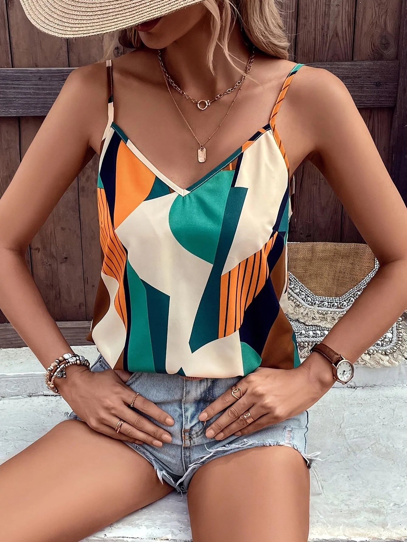 Sommer Neuer Damenstil Sexy geometrisches Trägertop Kleines Tanktop Urlaubsoberteil
