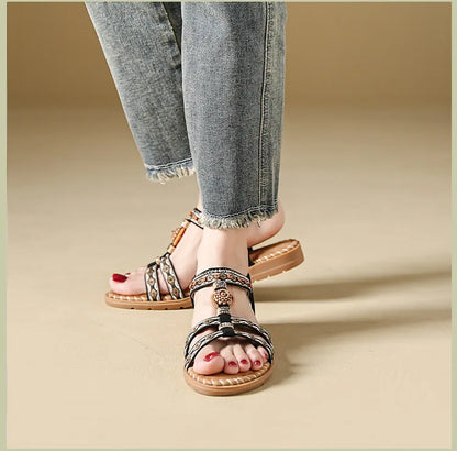 Elegante Damen-Sommersandale im Bohemian-Stil, rutschfest, bequem, für Alltag, Urlaub, flache Strandschuhe