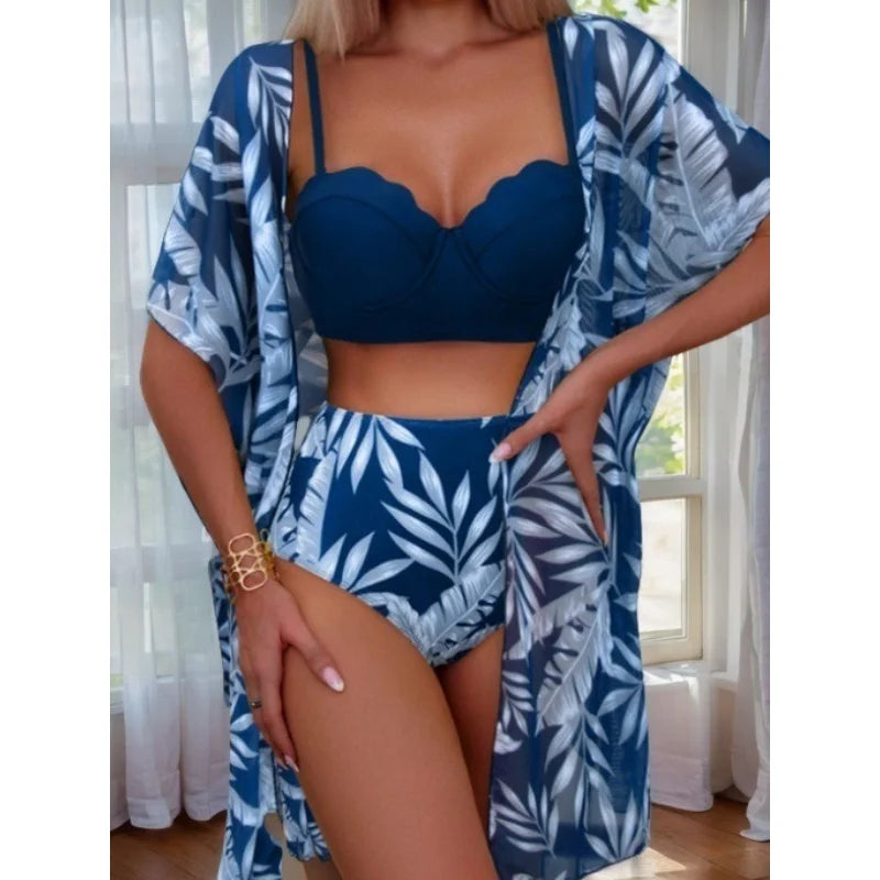 Elegante stampa 3 pezzi bikini set costume da bagno donna vintage bikini a vita alta maglia cover up 2025 nuovo costume da bagno biquini femminile