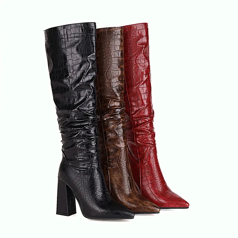 Western Cowboy Boots for Women Winter Footwear Shoes Square Heels Quality Knee High Boot Female Snake Leather Large Size 45 48