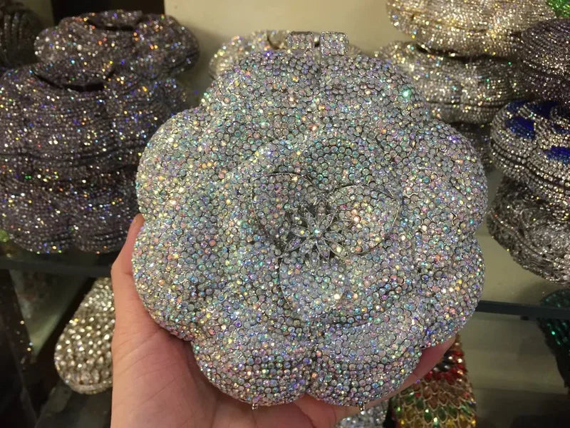 Pochette da sera con strass rosa/verde con fiore rosa Borse da sera da donna in cristallo giallo floreale Pochette da sposa per festa di nozze