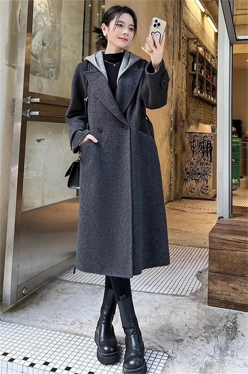 Giacca Invernale da Donna a Maniche Lunghe in Lana, Cappotto Casual di Alta Qualità per l'Autunno, Moda Coreana Femminile, Cappotto in Lana con Cappuccio e Vestibilità Comoda