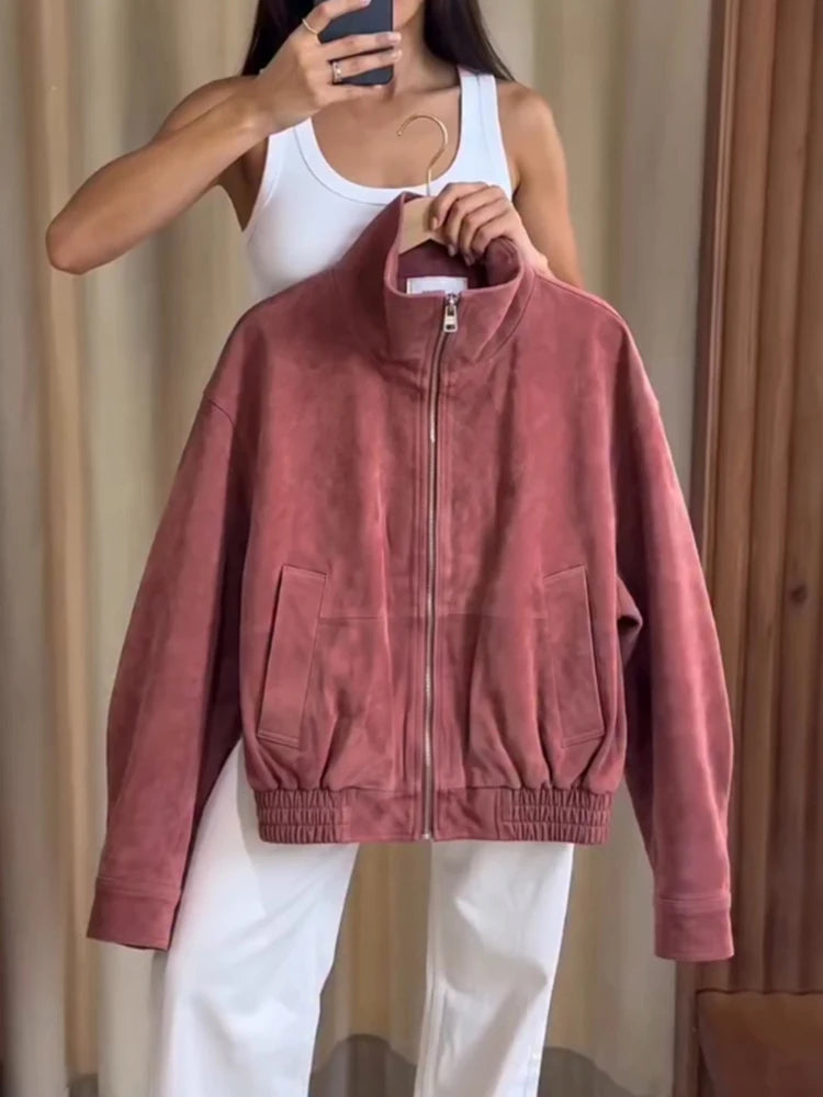 Giacca Bomber da Donna in Finta Pelle Scamosciata, Collo Alto, Chiusura a Zip, Spalle Cadenti, Orlo Elastico, Abbigliamento Casual Autunnale, Cappotto alla Moda 2026