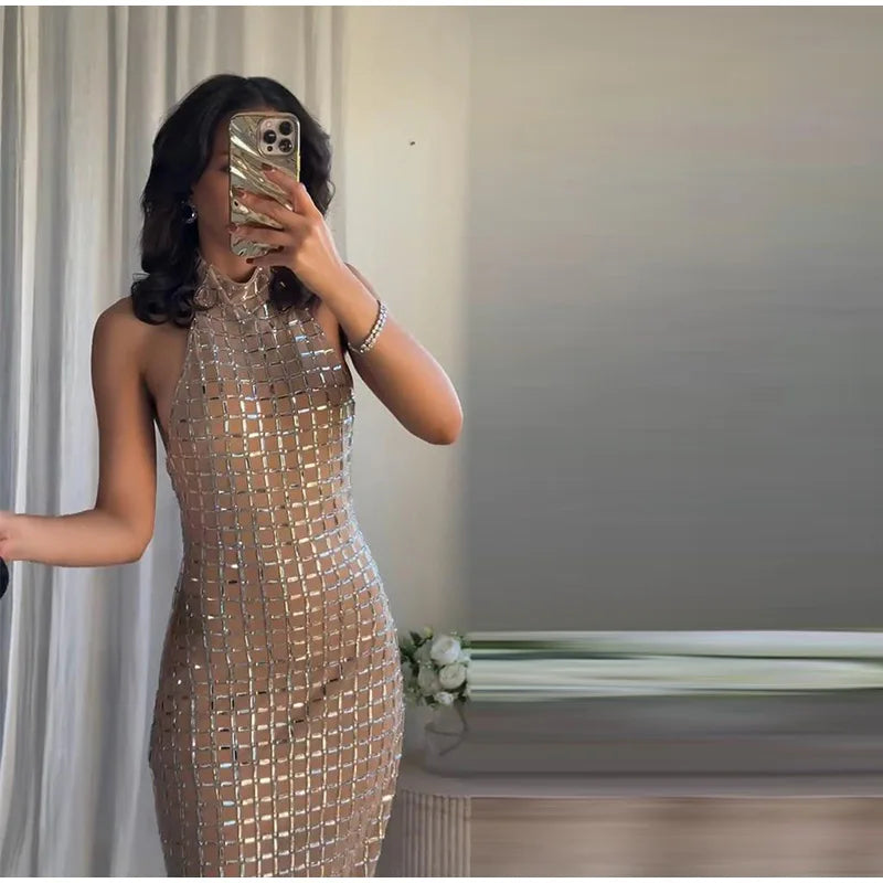 Diamanti di lusso Halter Abito lungo da donna Sexy Slim senza maniche Backless Split Abiti da festa 2026 Primavera Estate Lady Abiti da sera
