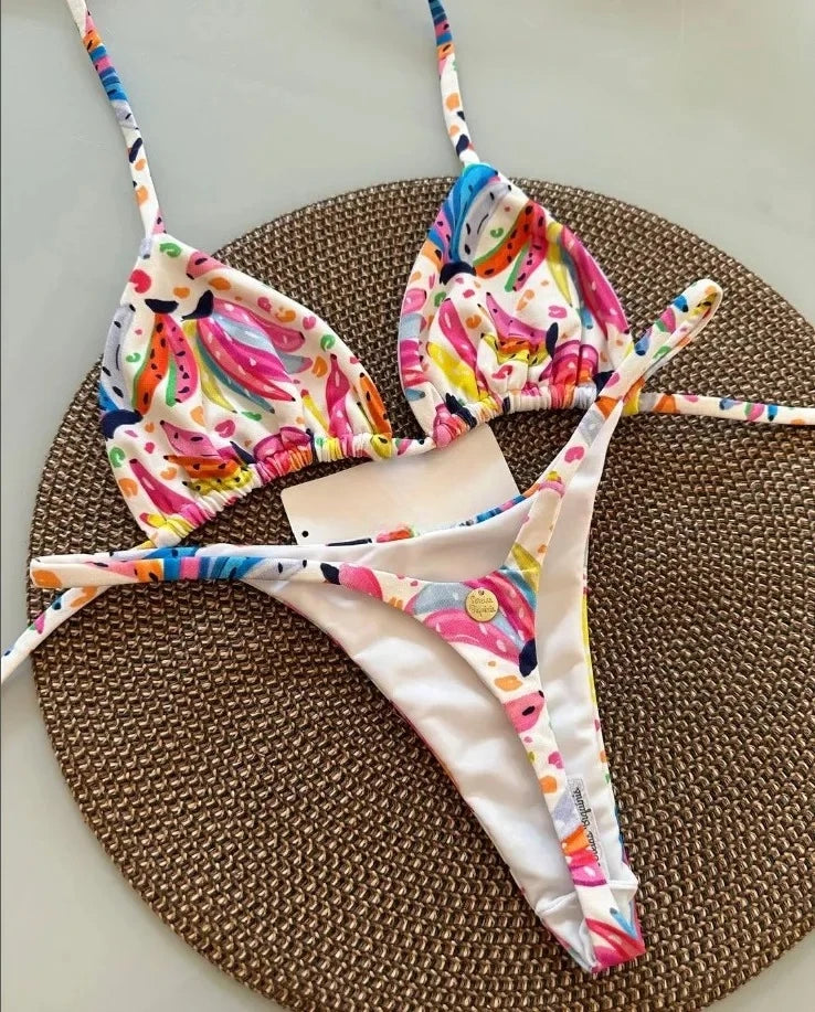 Summer Print Sexy Bikini Sets Halter Lace-up Tops Thongs Beach Style Bathing Suit Y2k Swimsuits Women Beachwear Fashion New
