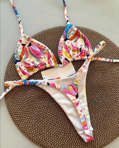 Summer Print Sexy Bikini Sets Halter Lace-up Tops Thongs Beach Style Bathing Suit Y2k Swimsuits Women Beachwear Fashion New