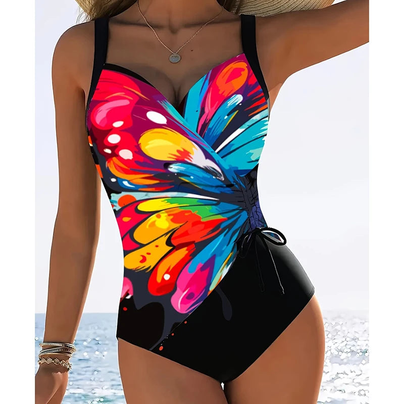 Printing V Neck Swimming Suit for Women Fashion Slim Side Drawstring Bathing Suit Bodysuit Female One Piece Swimsuit Beachwear