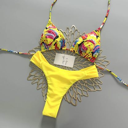 Spice Girl Style Printed Split Swimsuit Color Contrast Sexy Swimwear Holiday Women Bikini