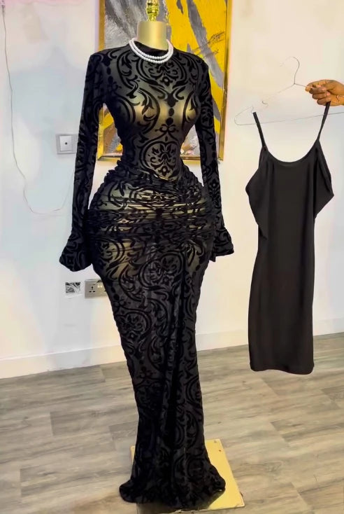 CM.YAYA 2025 Autunno Donna Manica lunga Maglia impilata Vedi anche con fodera Aderente Abito lungo da sera Compleanno Abiti da festa sexy