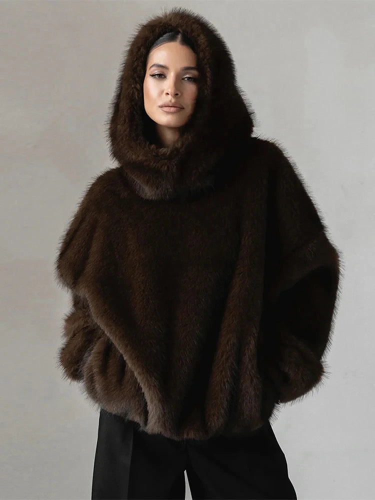 Cappotto da donna in pelliccia sintetica marrone con cappuccio Giacca da tasca a maniche lunghe di lusso oversize Lady 2025 Autunno Inverno Chic Street Capispalla