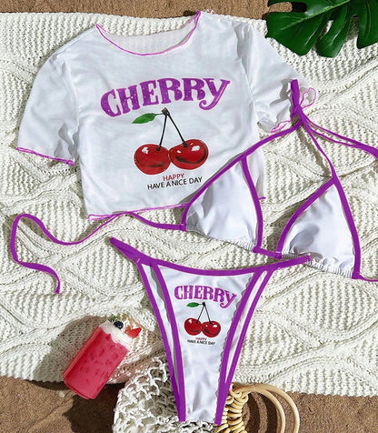 Sexy Thong Bikini 2026 Women Cherry Print Bikinis Short Sleeve Three-pieces Split Bathing Suit Summer Lace Up Swimsuit Beachwear