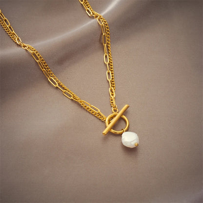 DIEYURO Acciaio Inossidabile 316L OT Chiusura Grande Collana con Ciondolo di Perle Per Le Donne Nuove Ragazze Catena a 2 Strati Gioielli Regali Del Partito Bijoux