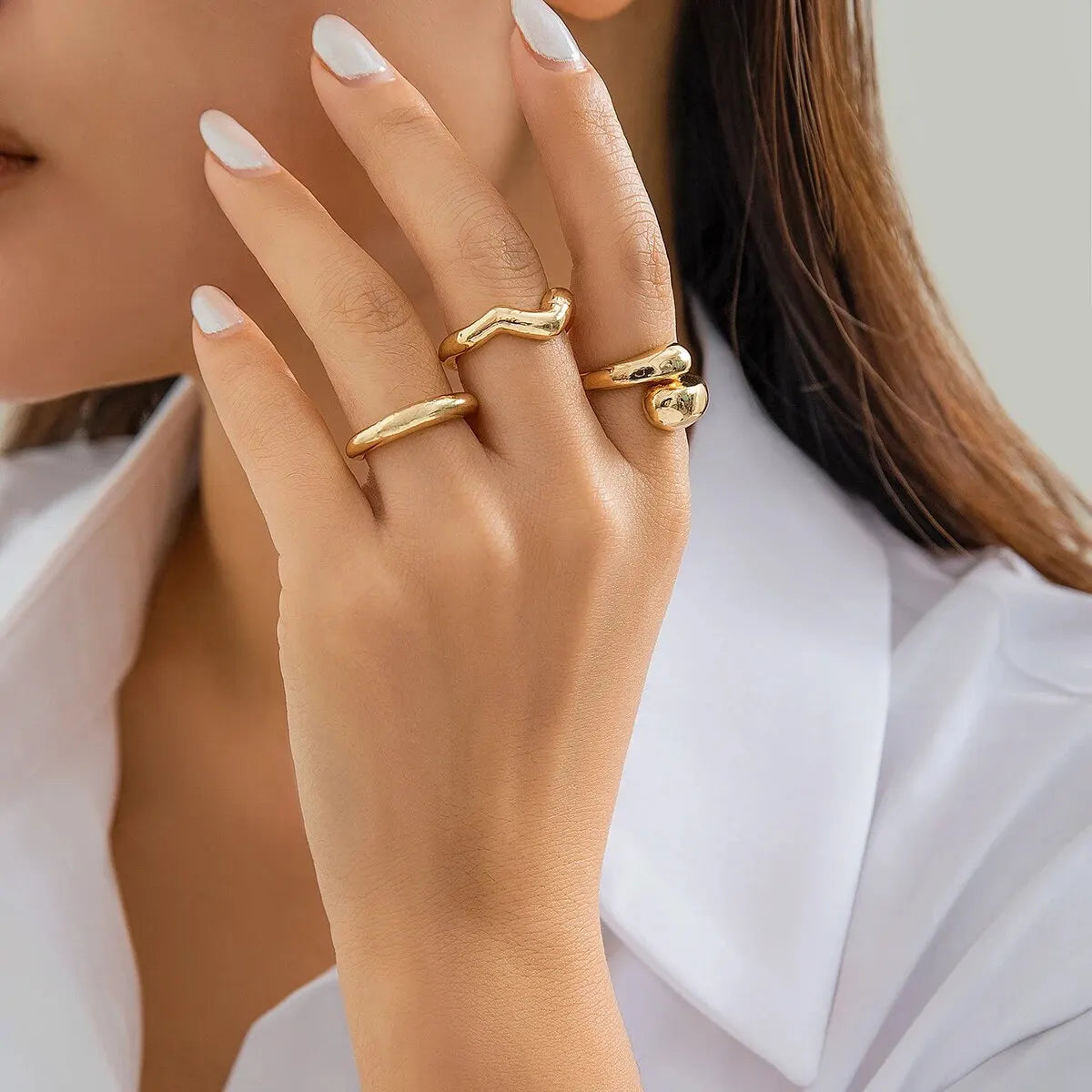 Set di anelli a forma di onda geometrica creativa alla moda da 3 pezzi per accessori per gioielli da dito con anello aperto regolabile irregolare di design da donna