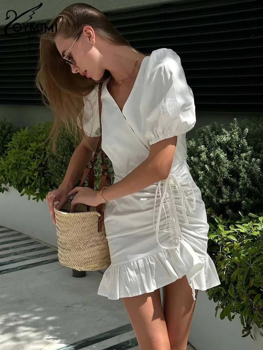 Oymimi Abito da donna casual in cotone bianco Elegante scollo a V Manica corta Abiti stringati Mini abiti a pieghe a vita alta