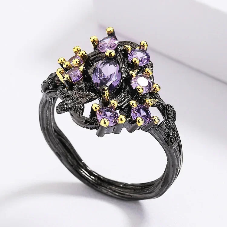 925 Silver Elegant Women's Jewelry Three-piece Set Black Gold Purple Zircon Flowers Jewelry Women's Ring Necklace Earrings