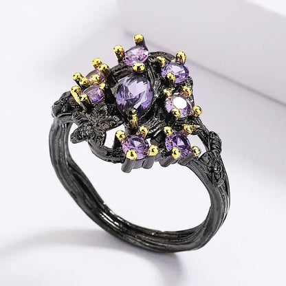 925 Silver Elegant Women's Jewelry Three-piece Set Black Gold Purple Zircon Flowers Jewelry Women's Ring Necklace Earrings