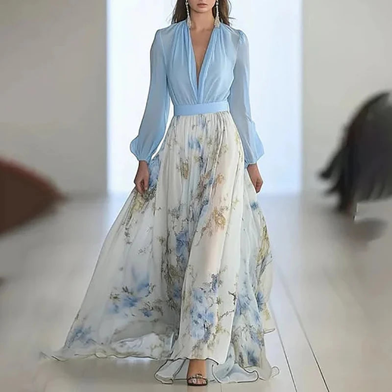 Abito bohémien patchwork con stampa floreale alla moda Donna Abiti lunghi sexy con scollo a V profondo Abiti lunghi larghi con maniche a sbuffo della nuova primavera