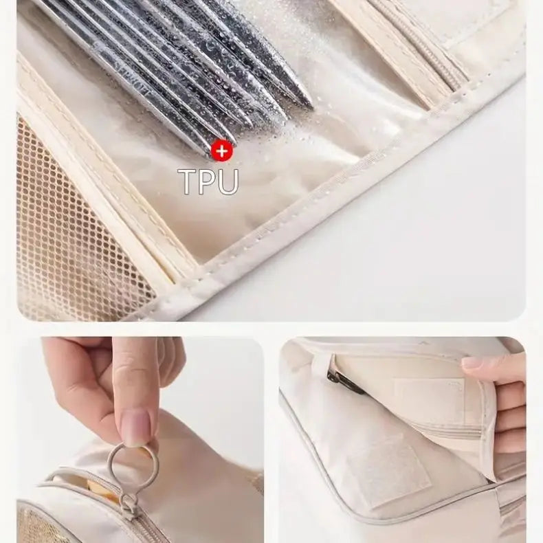 Borsa da Toilette Portatile con Gancio, Multifunzionale, Impermeabile, Resistente all'Usura, Multi-Strato, Grande Capacità, per Trucchi