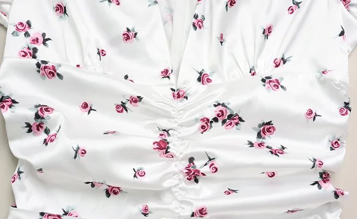 Ahagaga Mini abiti eleganti da donna Maniche corte a sbuffo Profondo scollo a V Stampa Guaina a pieghe Aderente Abiti casual floreali sexy