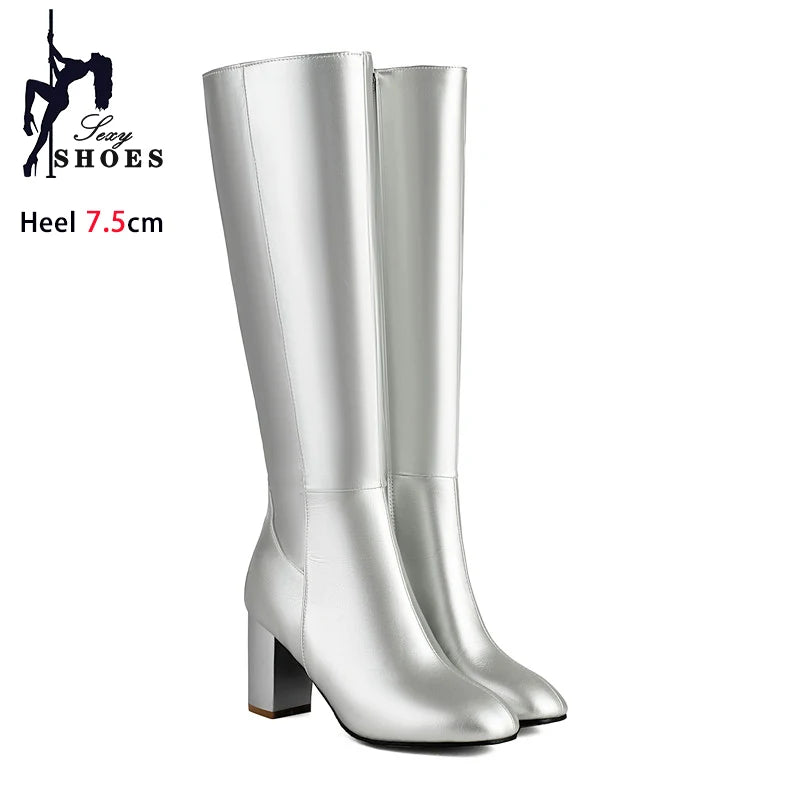 Black Long Boots Women's Fashionable Thick Heels Side Zipper Ladies Shoes Soft PU Leather Knee High Boots Plus Size 43 44 45 46