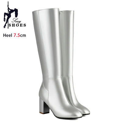Black Long Boots Women's Fashionable Thick Heels Side Zipper Ladies Shoes Soft PU Leather Knee High Boots Plus Size 43 44 45 46