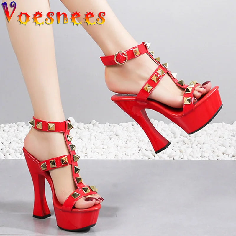 New Rivet Designer High Heels 2025 Fashion Thick Platform Club Women Pumps Sexy Summer Models Sandals White Black Red Woman Shoe