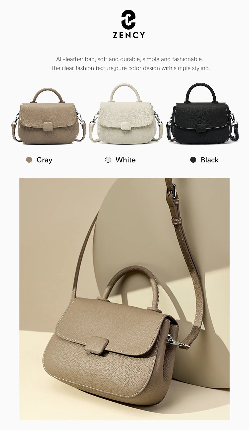 Zency Borsa a tracolla piccola semplice in vera pelle con manico superiore Borsa a tracolla firmata da donna Borsa a tracolla Bolsa 2025 Sac