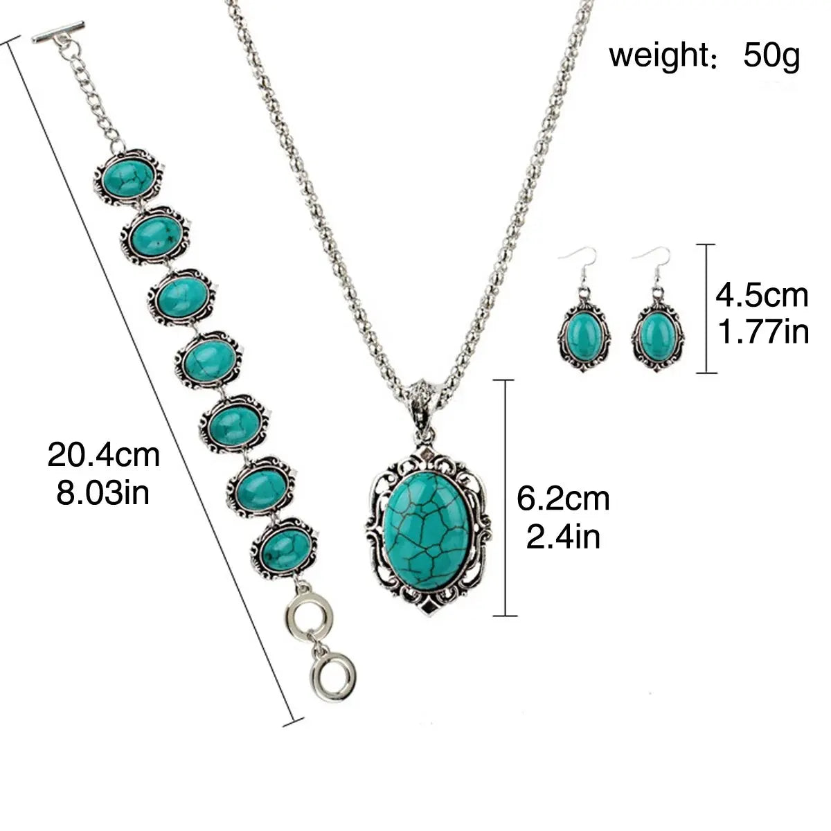 Set di orecchini con collana e bracciale turchese vintage da donna da 3 pezzi, regalo con decorazione in pietra curativa (senza scatola)