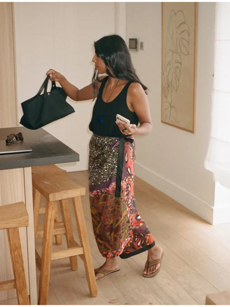 Gonna midi avvolgente da donna con stampa boho, in raso, a vita alta, con spacco, ampia e lunga, nuova collezione estate 2026, abbigliamento da strada per le vacanze.