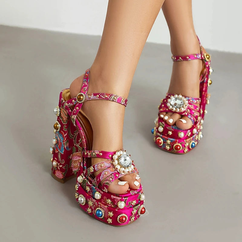 Neue Damen Sommer Plateau Sandalen wasserdicht dicker Boden Wasser Diamant Perle Niete Blume Satin offene Spitze High Heels groß
