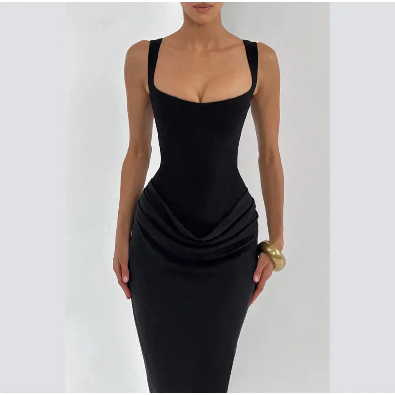 Elegante abito a pieghe con fionda Donna Collo quadrato senza maniche con spalle scoperte Vita stretta Abiti solidi 2025 Abiti da sera da donna